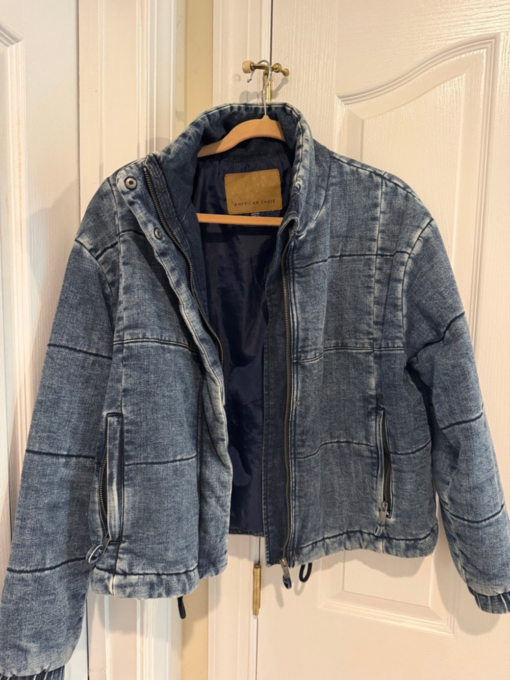 American Eagle Outfitters Blue Washed Denim Puffer Jacket